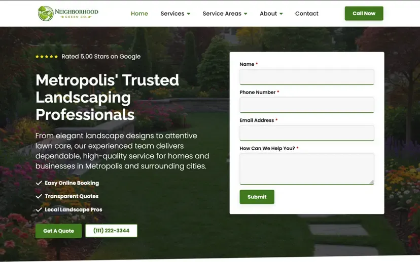 A polished landscaping contractor website with a Google 5-star badge and a clear contact form, showing the kind of site Axle tunes to match your Google profile