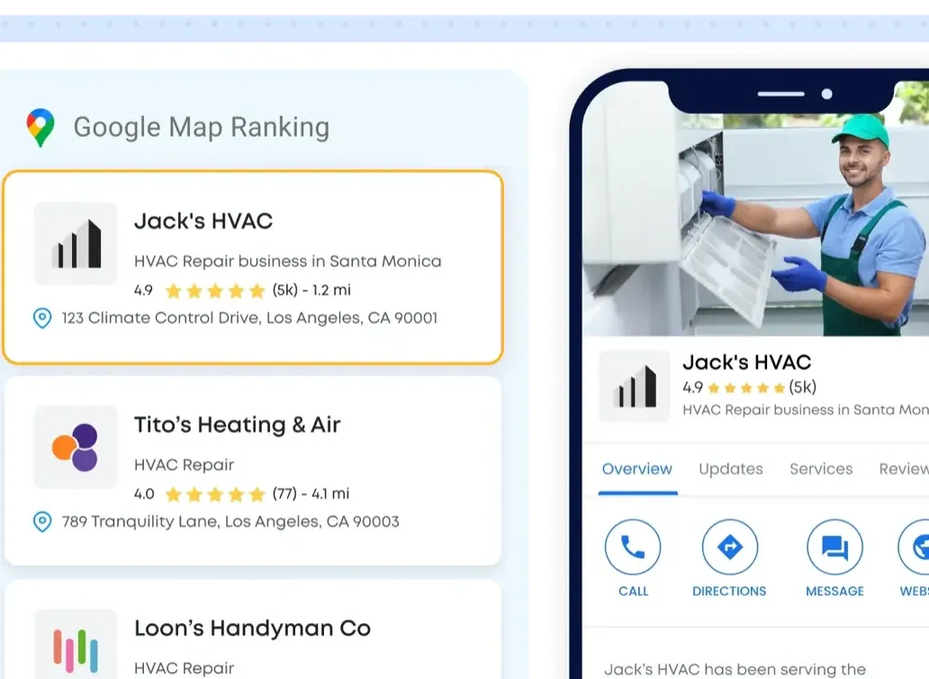 A home service business ranked #1 in Google's map pack above two competitors, with its Google Business Profile open on a phone