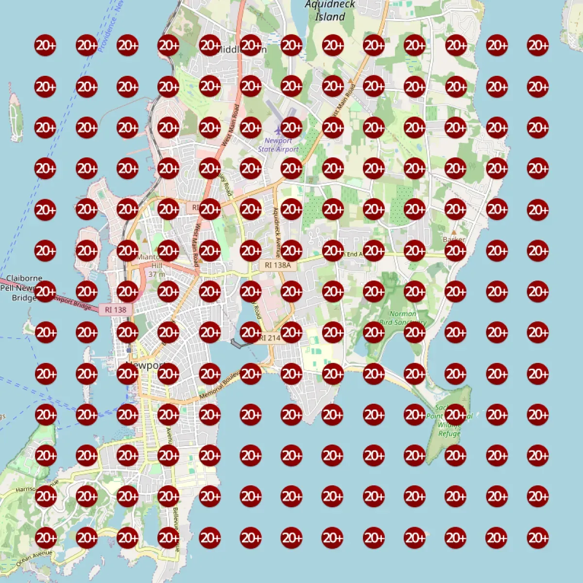 Map grid showing the business ranking 20+ and off the map across the whole service area