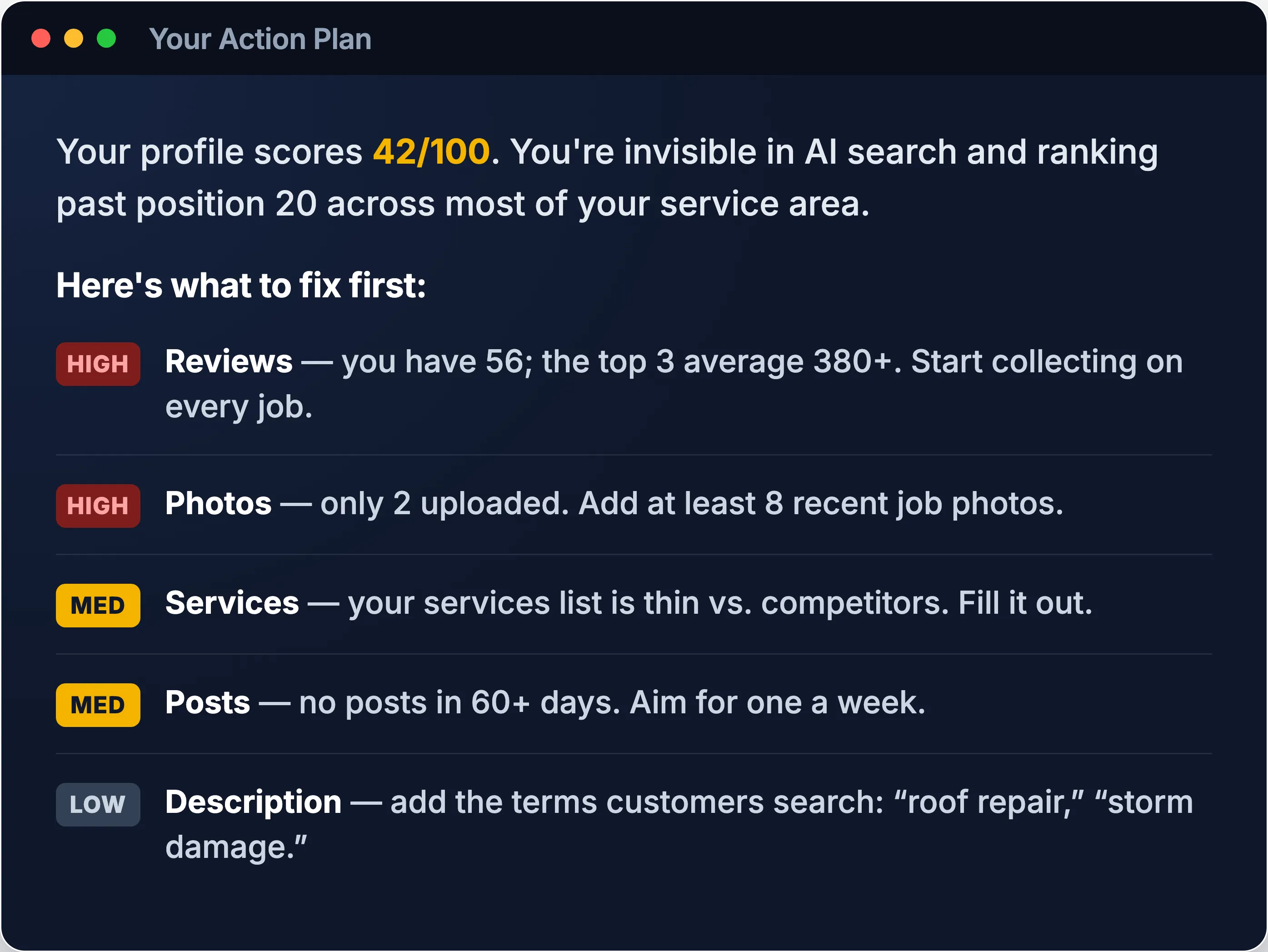 AI-written audit summary with a prioritized list of fixes
