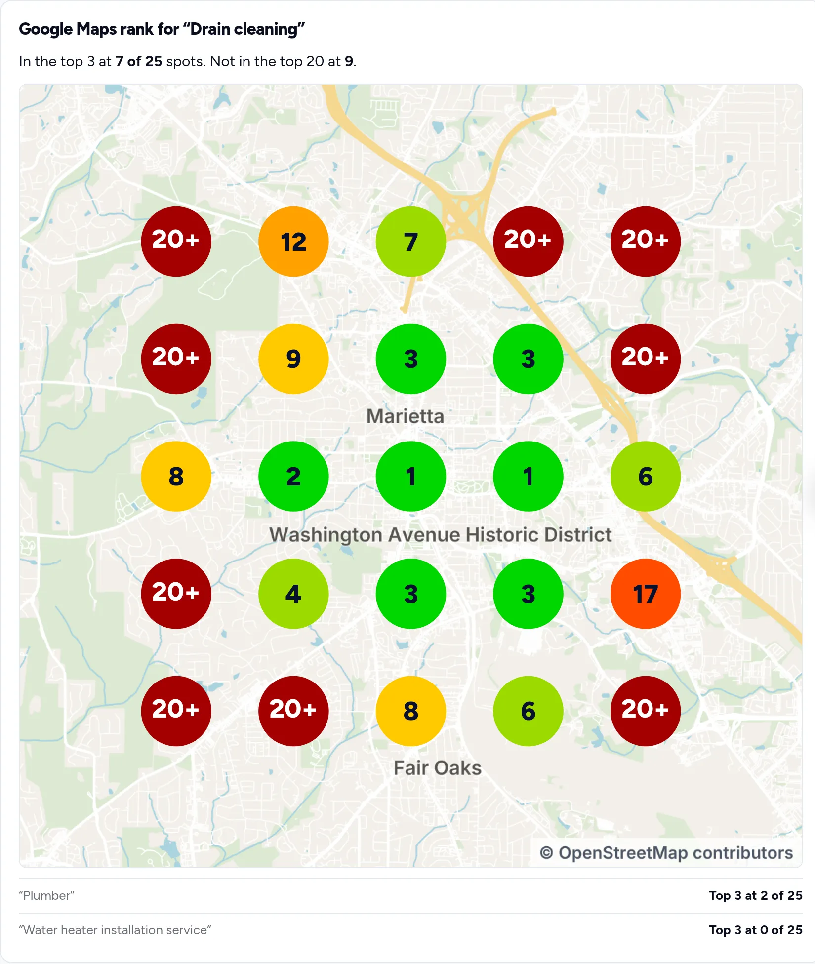 A Google Maps rank grid over Marietta, GA, with numbered pins from 1 to 20+