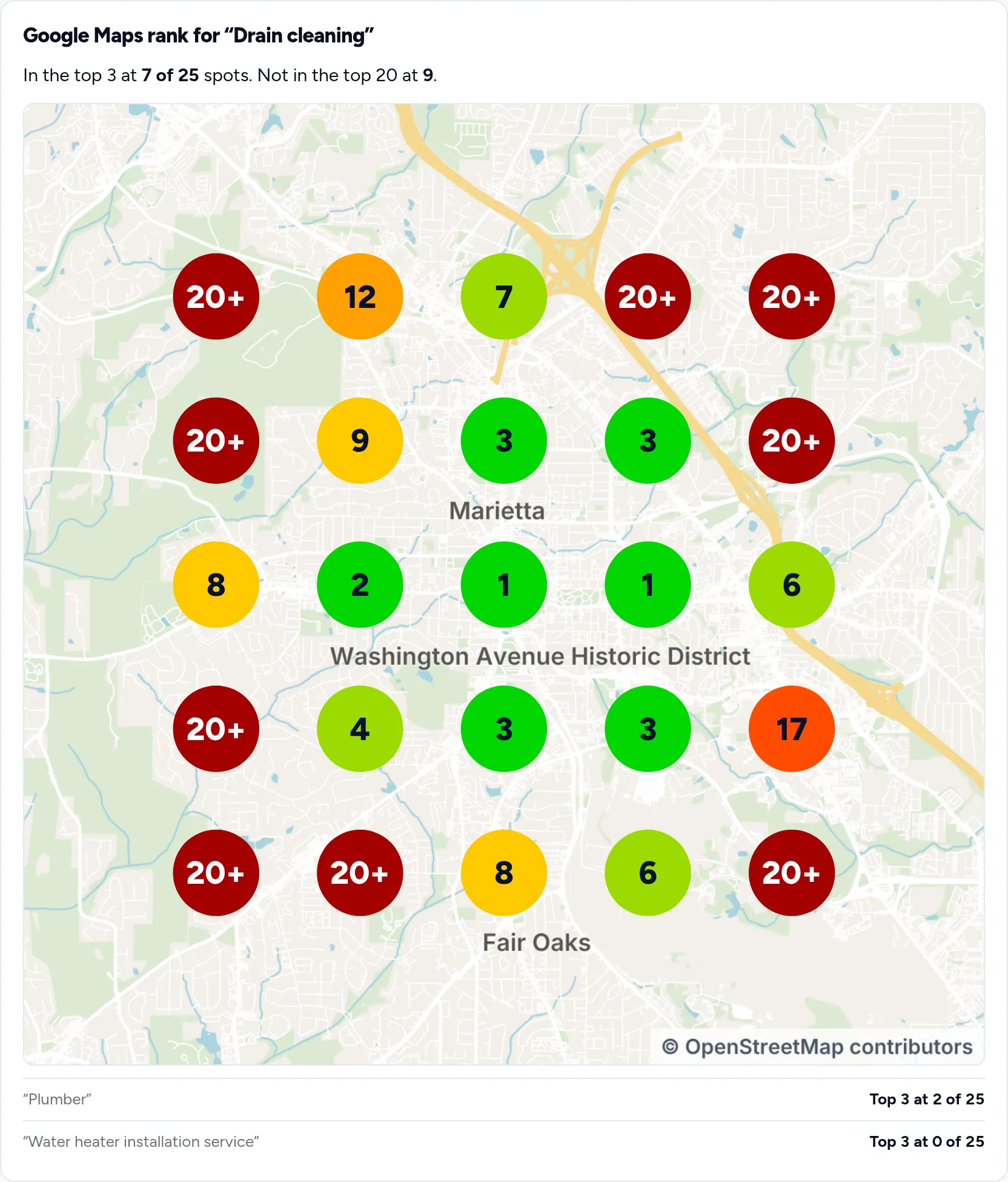 A Google Maps rank grid over Marietta, GA, with numbered pins from 1 to 20+