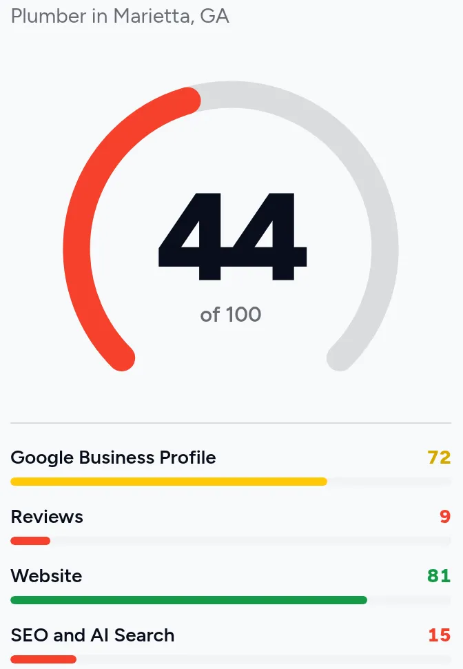A scan score of 44 out of 100, with separate scores for Google Business Profile, Reviews, Website, and SEO and AI Search