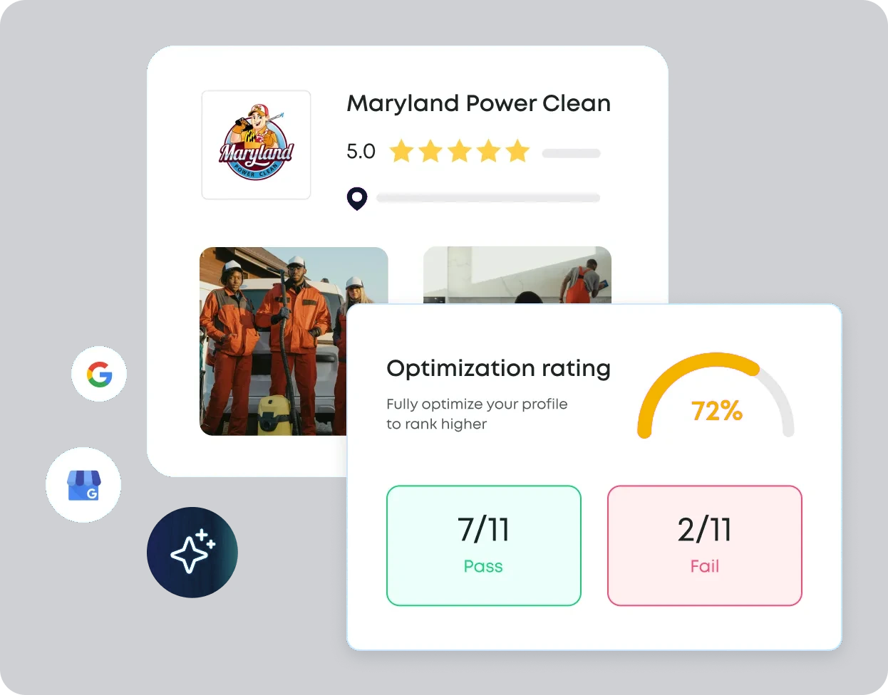 A Google Business Profile with a 72% optimization score — seven signals passing, two failing — the fields Axle fixes to move you up the map
