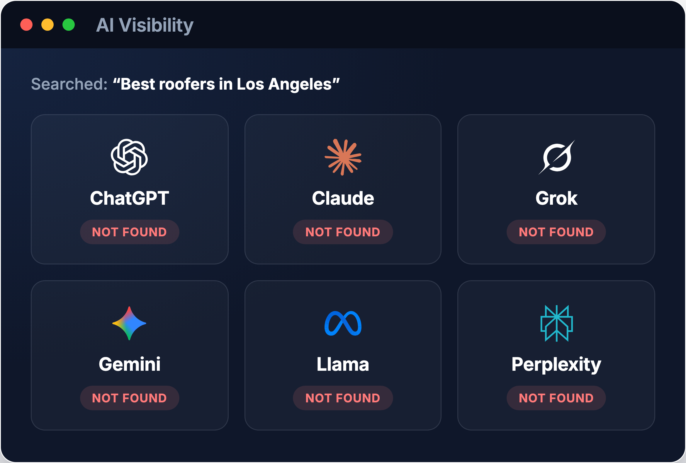 AI visibility check showing whether the business is found across major AI assistants