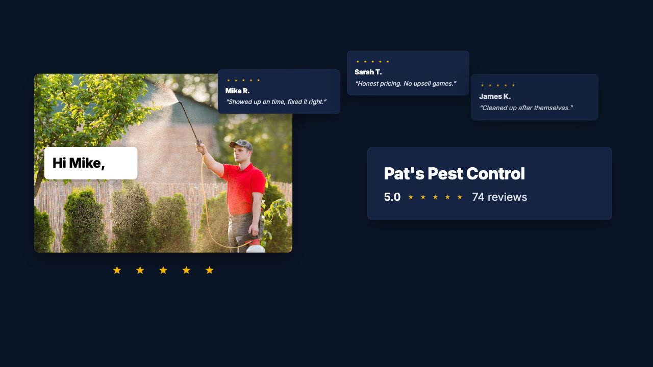 ReviewWheel demo: personalized review request landing on a customer phone alongside a growing 5-star review count